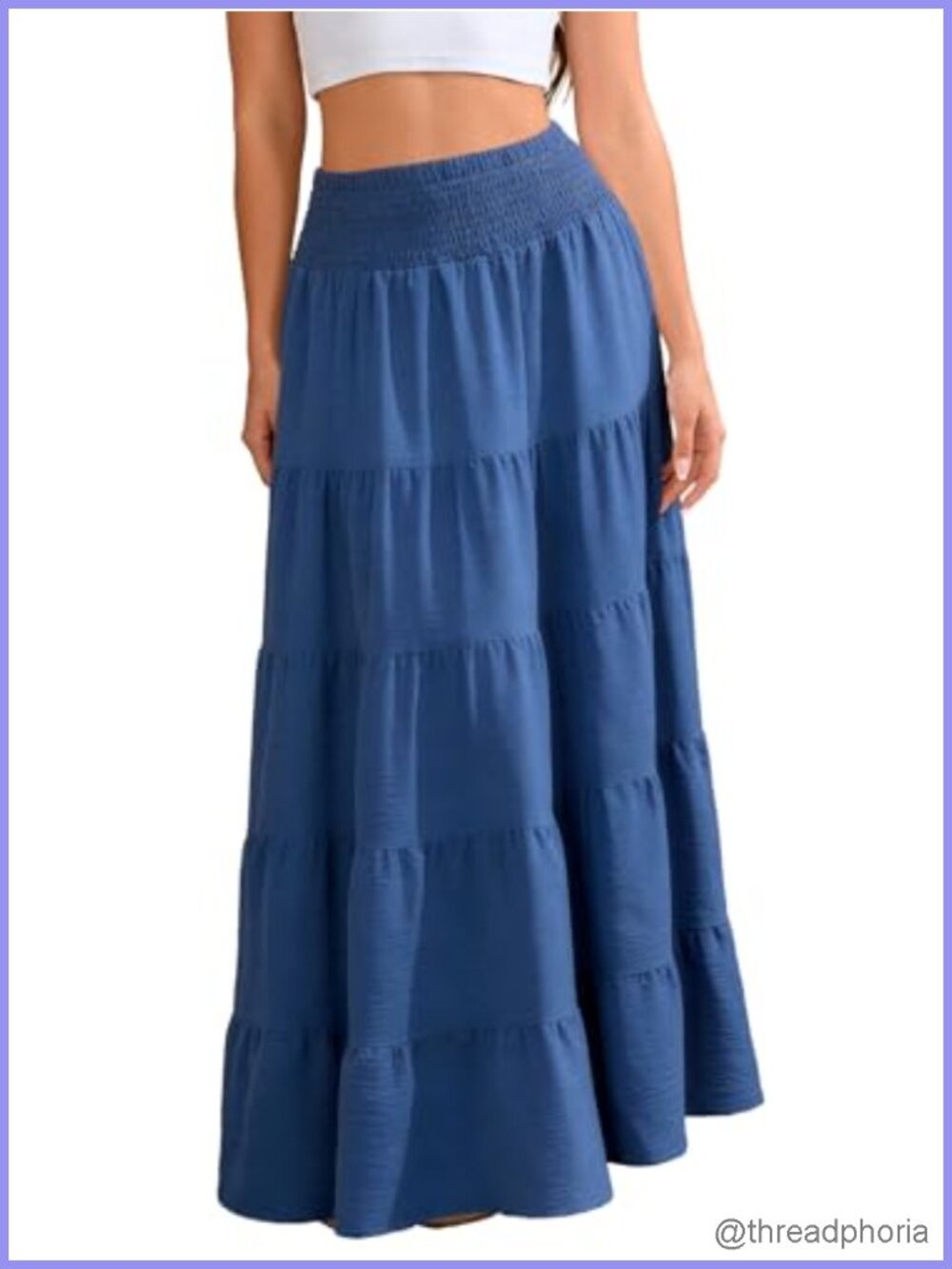 Women's Tiered Maxi Skirt A-Line Flowy Smocked Waist Pockets Viscose